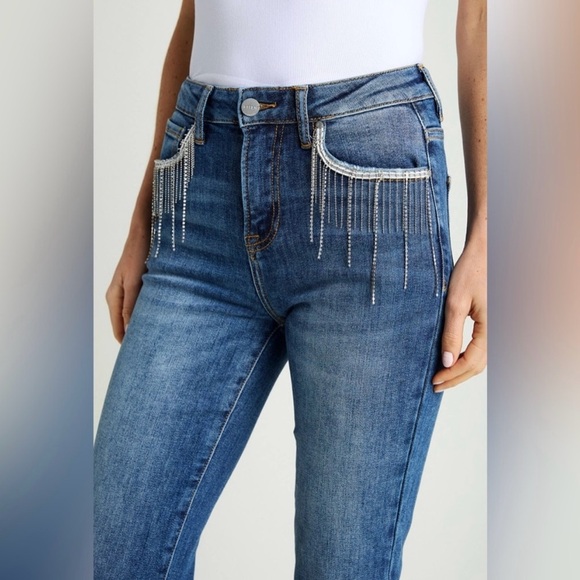 Risen Jeans High Rise Embellished Rhinestones Distressed Raw Edge Size 5 / 27 - Picture 1 of 13